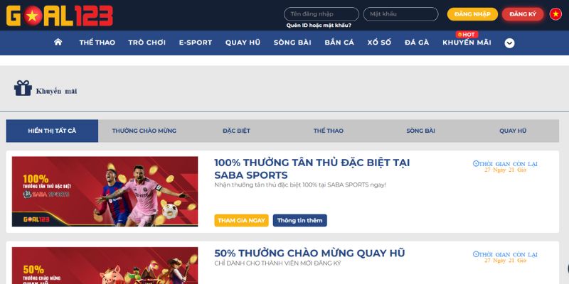 Khuyến mãi hấp dẫn tại GOAL123